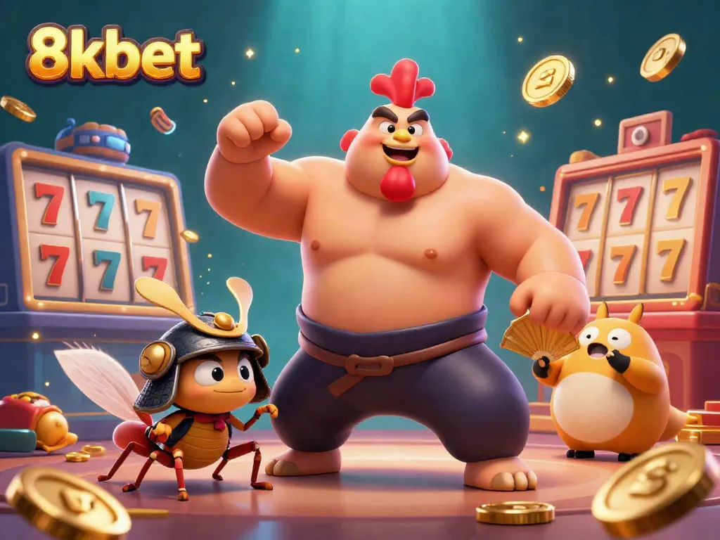 Join the excitement at 8kbet with vibrant casino symbols amid a powerful sumo wrestler and fierce cricket duo!