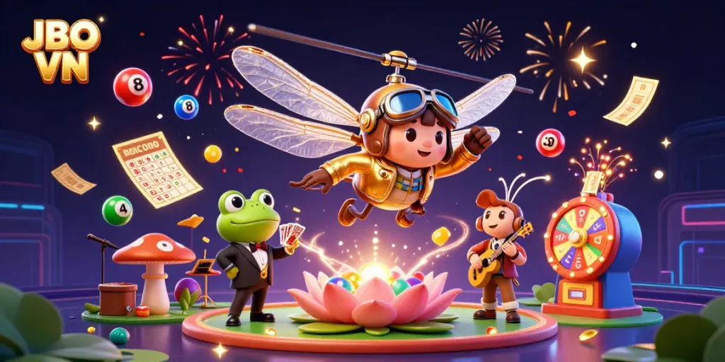 Experience thrilling gameplay at JBO VN with vibrant casino elements and a dynamic animated scene featuring engaging characters.