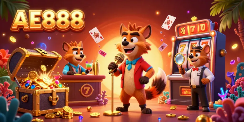 Experience the thrill of AE888 in this vibrant casino scene featuring playful hyenas and dynamic game elements.