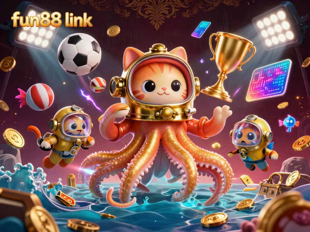 Engage with thrilling fun88 link gameplay featuring a vibrant kraken and diving cat in a competitive casino atmosphere.