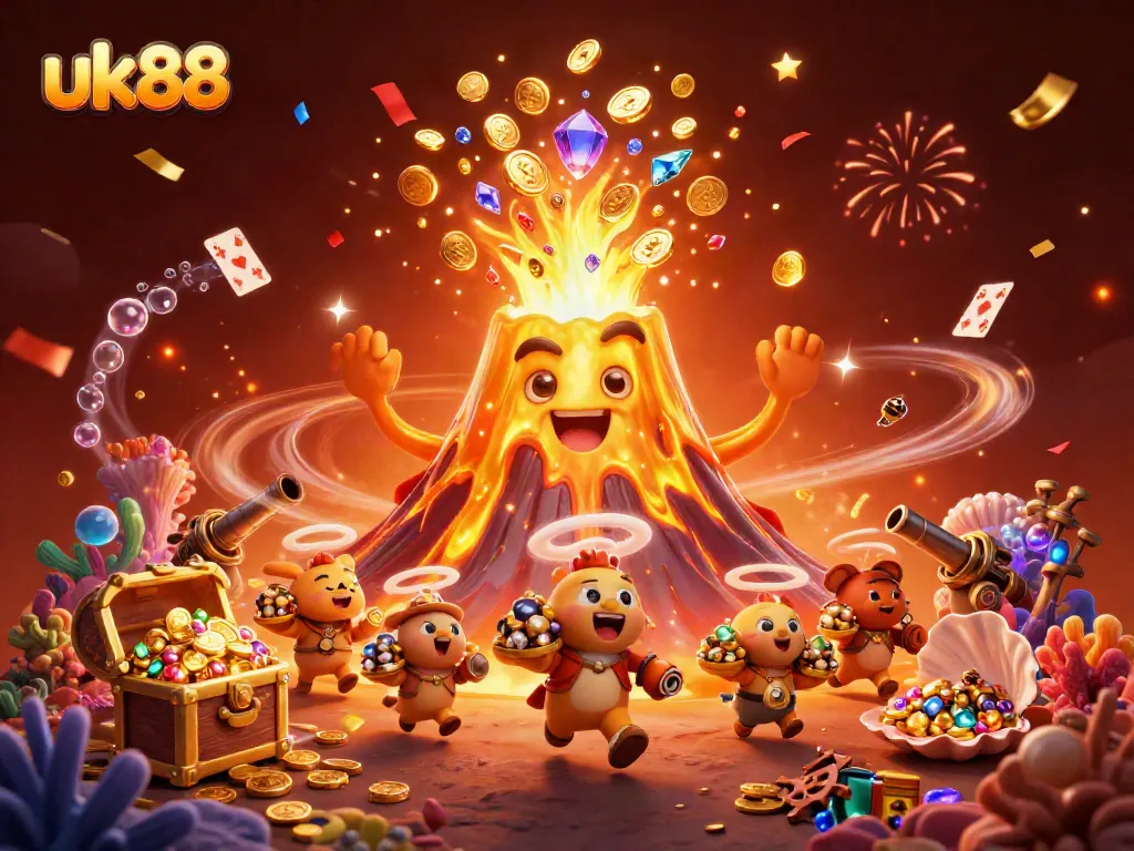 Experience exhilarating wins at uk88 with a vibrant scene of a golden volcano erupting treasures.