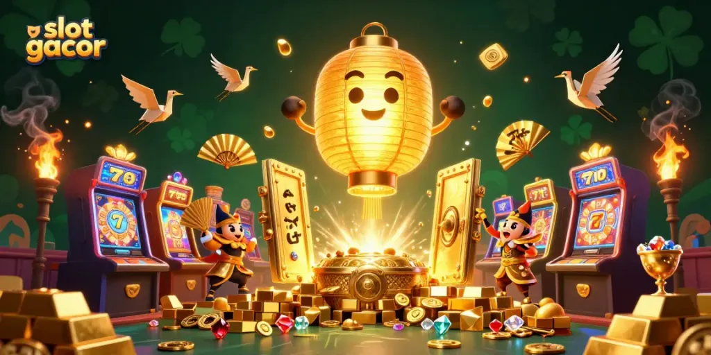 Slot gacor menampilkan karakter cahaya keberuntungan di kasino penuh emas dan keberuntungan.