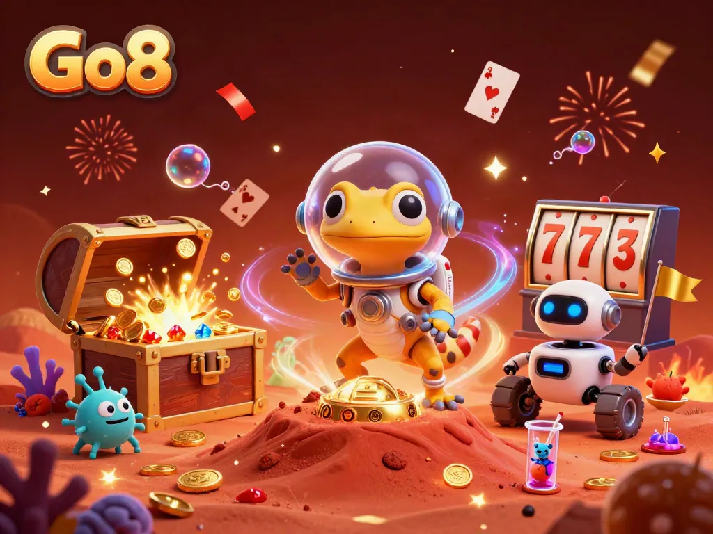 Go8 Casino-themed illustration featuring a Martian gecko, robots, and excited alien bacteria celebrating