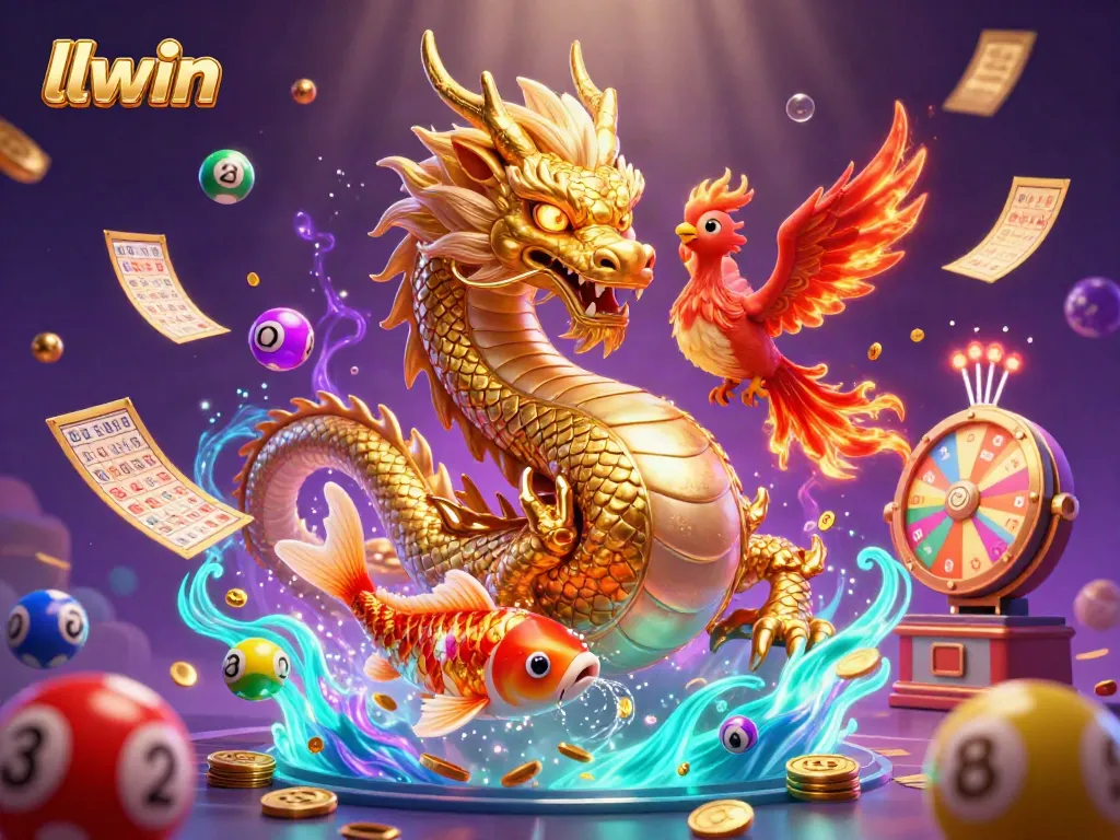 Engage in thrills at llwin with a vibrant illustration featuring a legendary dragon and phoenix amidst dynamic gambling elements.
