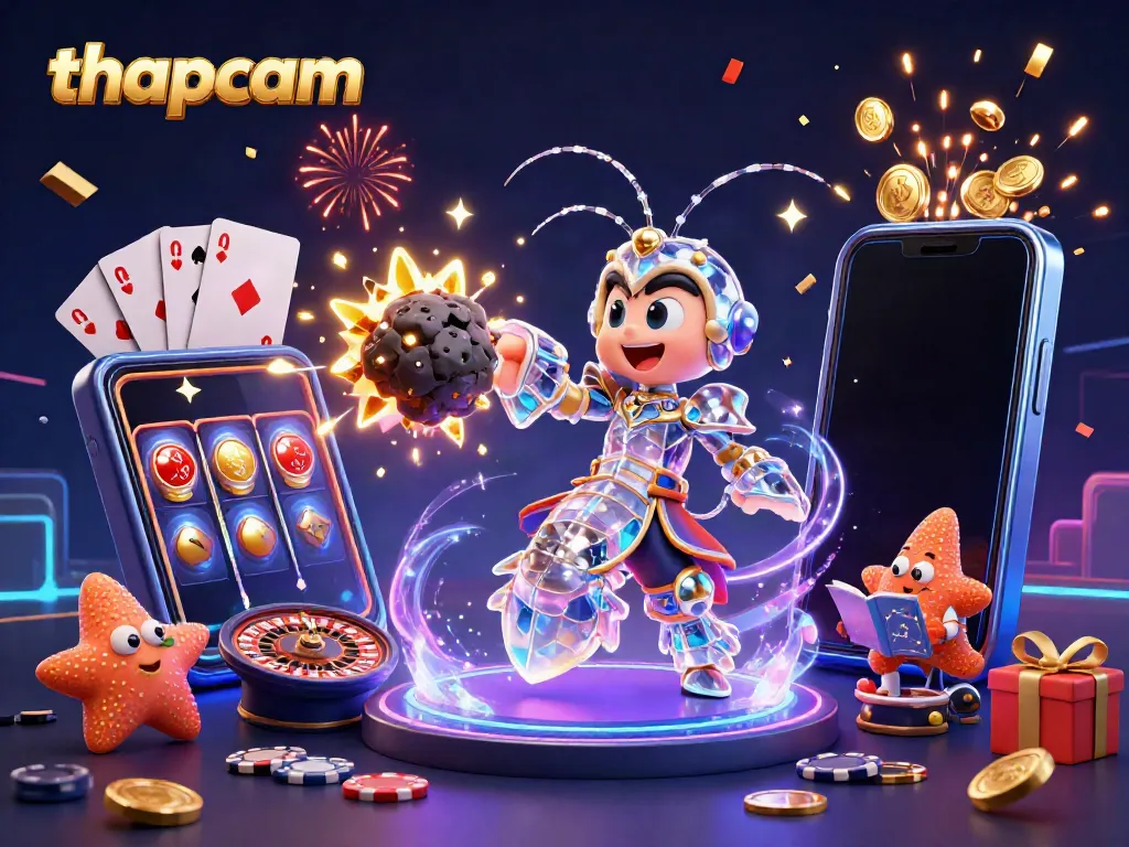 thapcam showcases a vibrant 3D scene with a mantis shrimp and starfish exploring a dazzling casino-themed world.