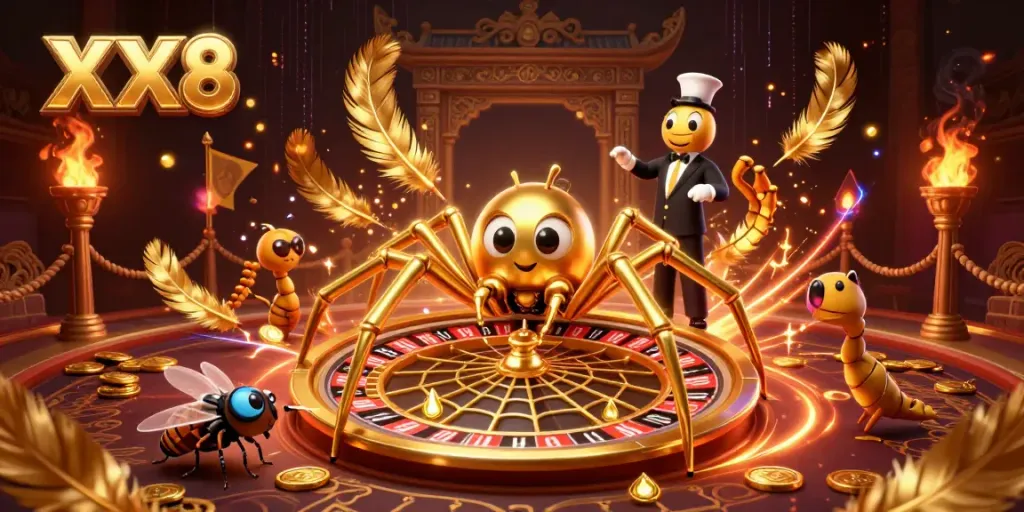 Experience thrilling bets at XX8 with a vibrant 3D illustration of a spider-shaped roulette wheel and nervous fly.