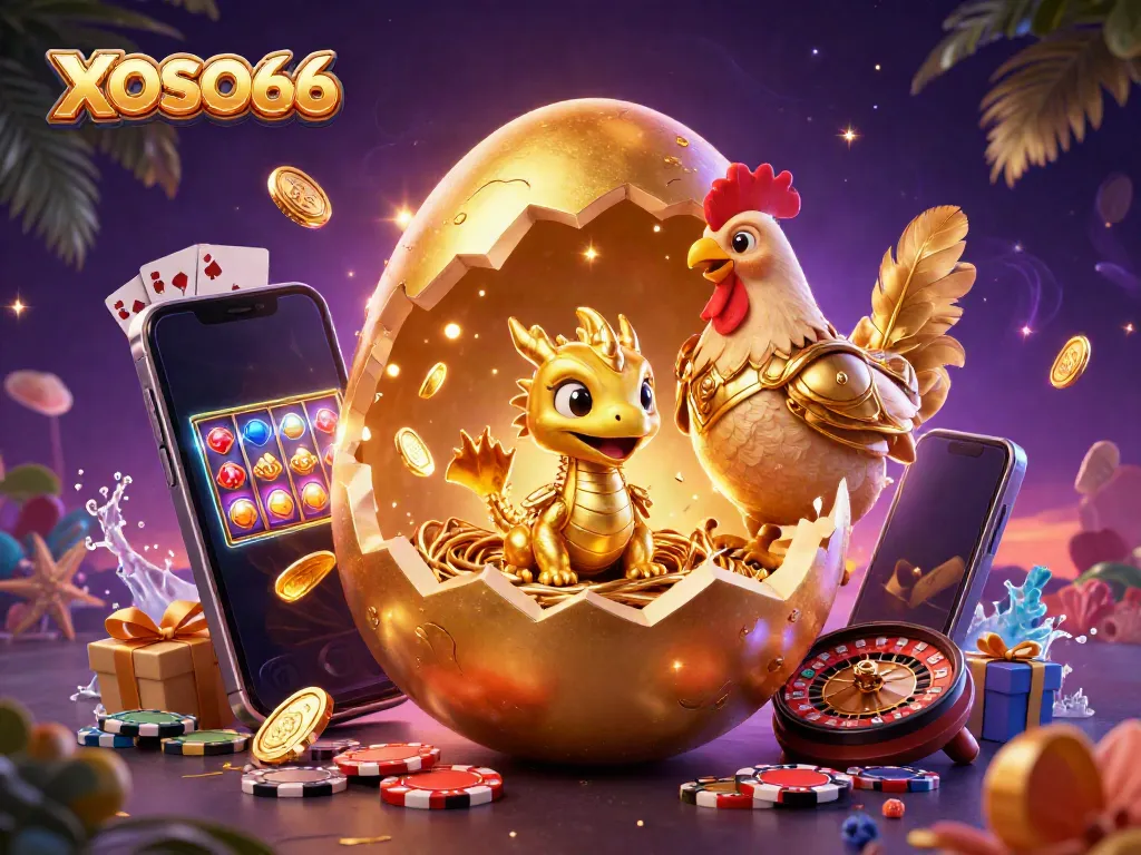 Experience excitement with XOSO66 presented through a vibrant casino-themed digital artwork.