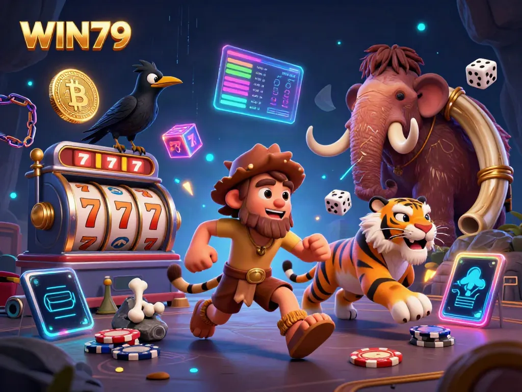 Engage with dynamic WIN79 gaming action featuring neon lights and prehistoric themes.