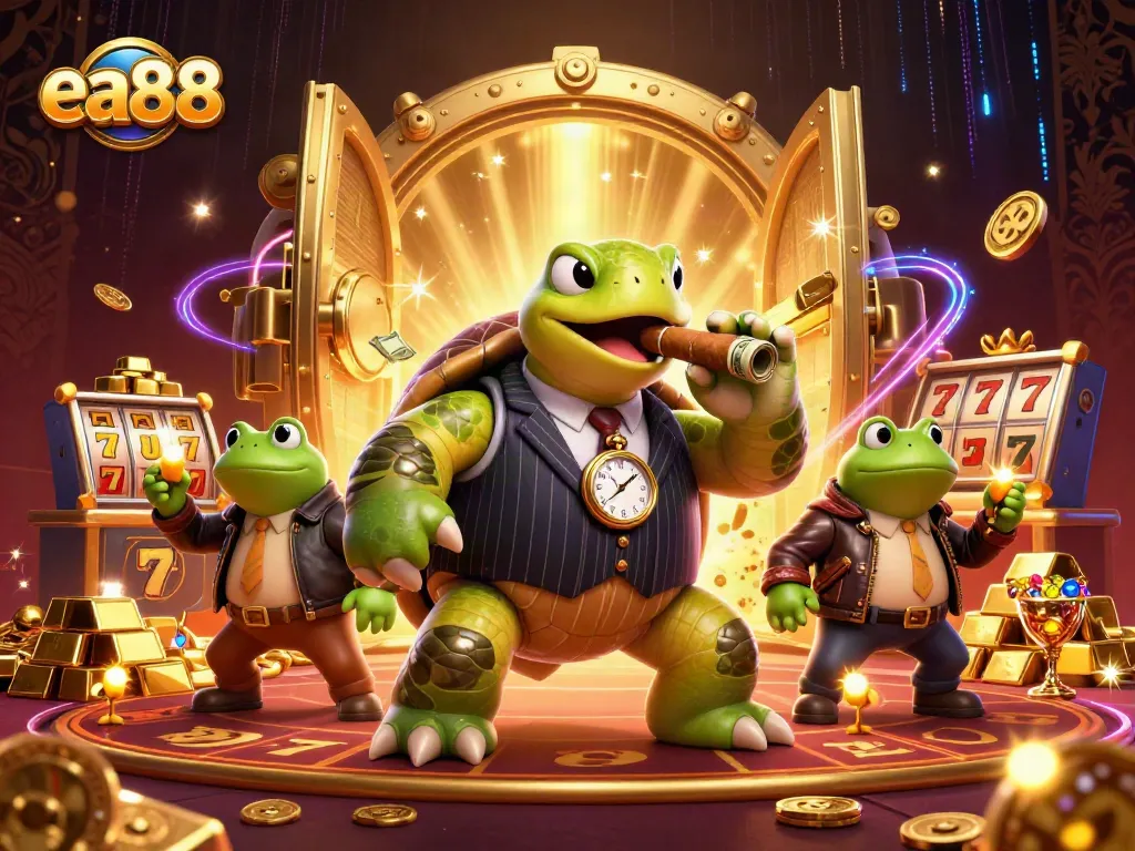 Join the excitement at ea88 with our vibrant casino scene featuring unique characters and slot elements!
