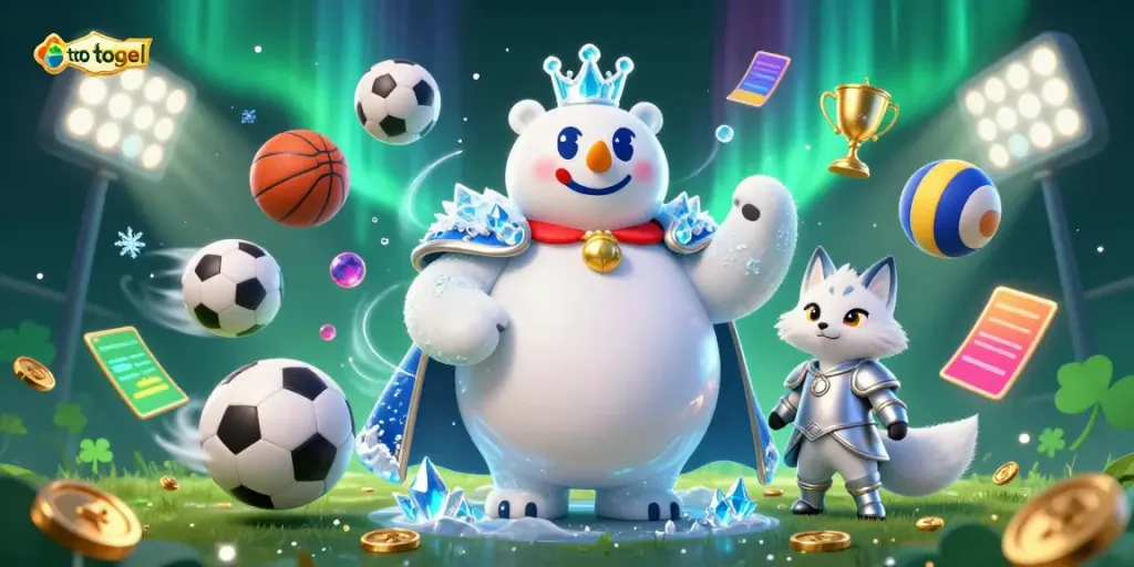 Experience the thrill of toto togel with an ice king and fox, surrounded by sports elements and vibrant auroras.