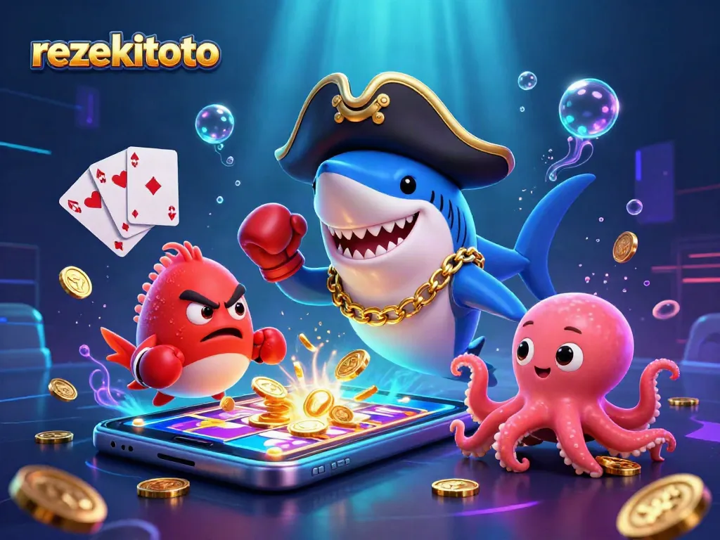 Play engaging slot games on rezekitoto with a fun pirate shark, pufferfish, and octopus surrounded by treasure.