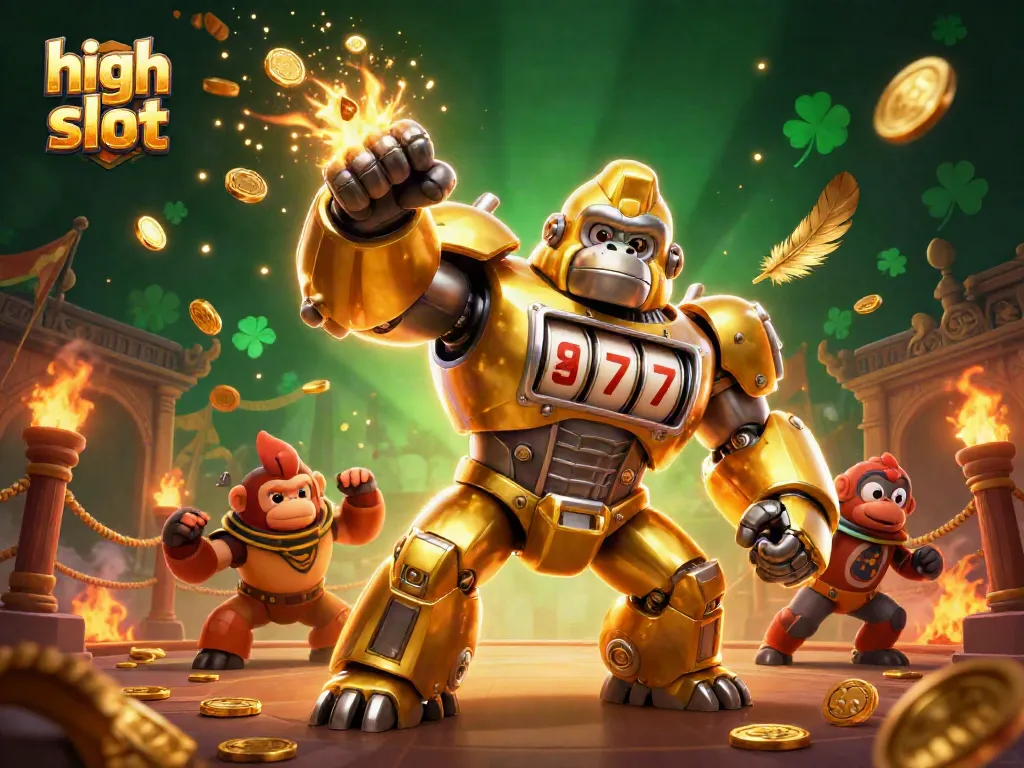 Engage with high rtp slot adventures featuring a golden gorilla mech bursting with coins and action.