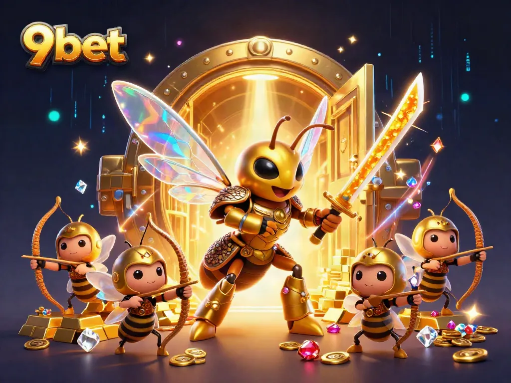 Engage in thrilling gameplay at 9bet with a vibrant casino-themed illustration featuring dazzling treasures.