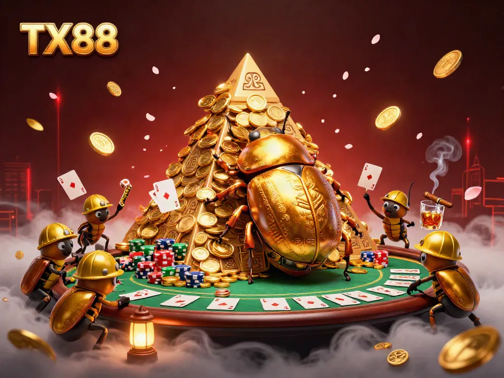 TX88 features a golden dung beetle amid casino elements, showcasing dynamic gambling action.