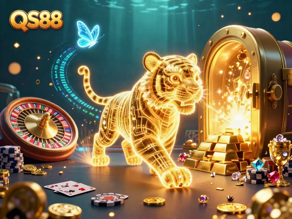 Experience a vibrant QS88 casino adventure with a neon golden tiger navigating thrilling games and treasures.