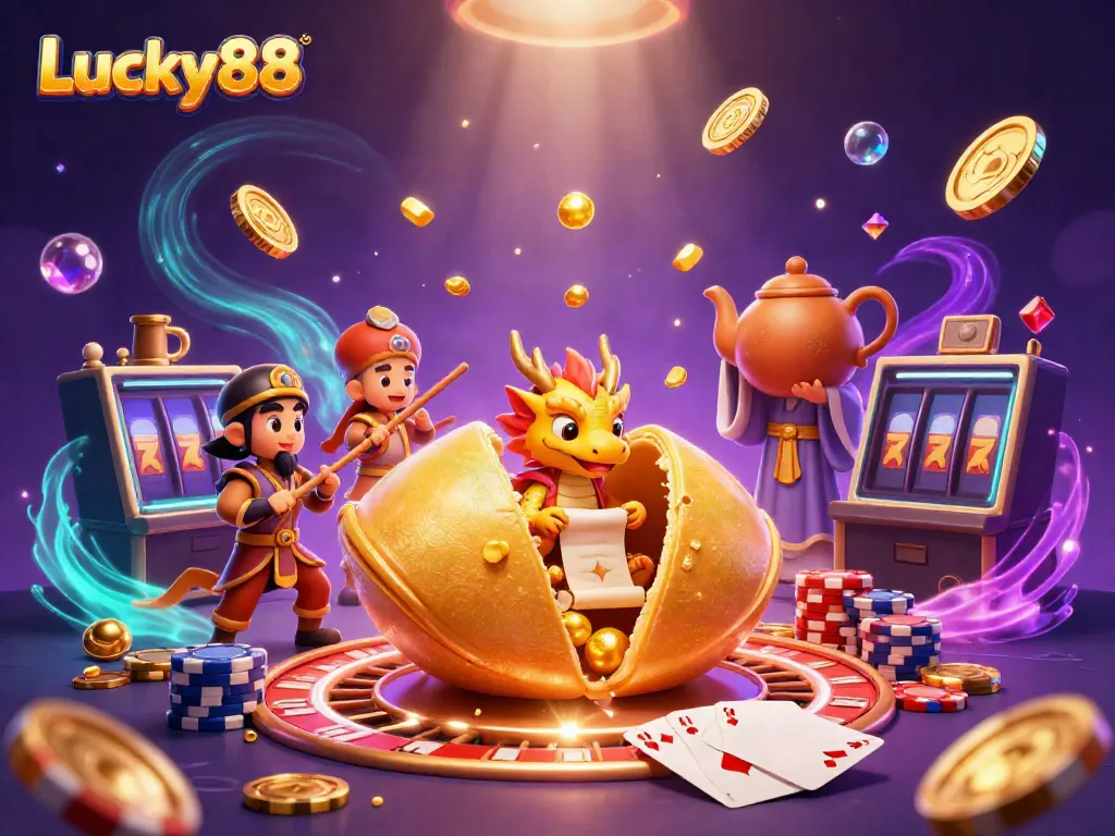 Experience thrilling wins at Lucky88 with a vibrant casino scene featuring golden fortune cookie magic and games.