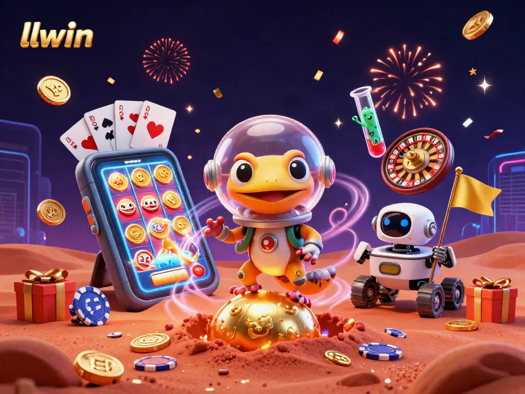 Engage in thrilling gameplay with llwin, featuring a Martian gecko discovering a golden casino.
