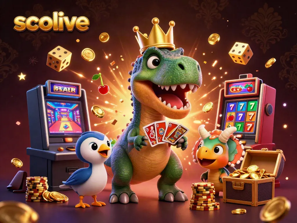 Socolive features a lively scene with a cartoon T-Rex shuffling cards amid a dazzling casino atmosphere.
