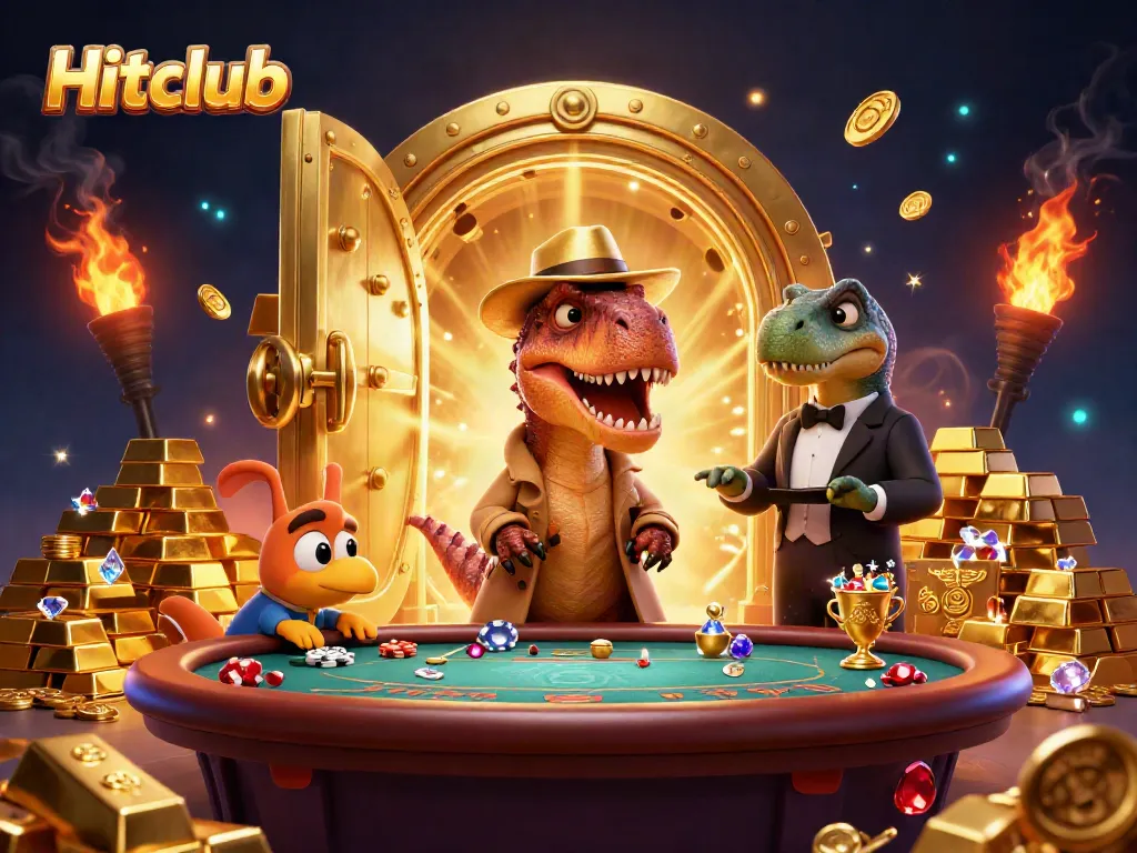 Watch a velociraptor card counter at Hitclub blackjack table, with treasures and casino excitement