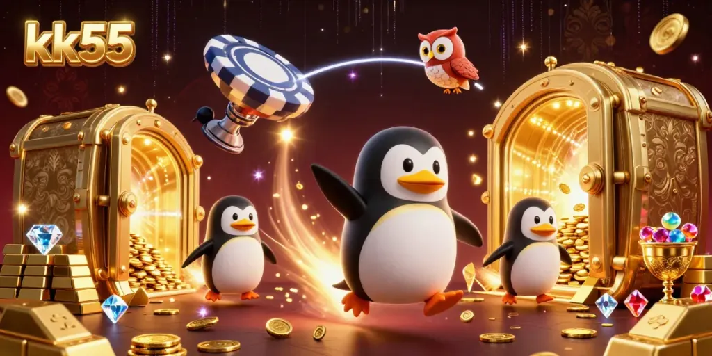 Win big with KK55 as a golden penguin blasts through a vibrant casino universe.