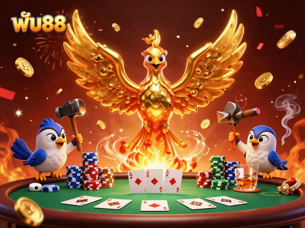 Experience thrilling gameplay with ฟัน88, showcasing a phoenix and poker elements in a vibrant scene.