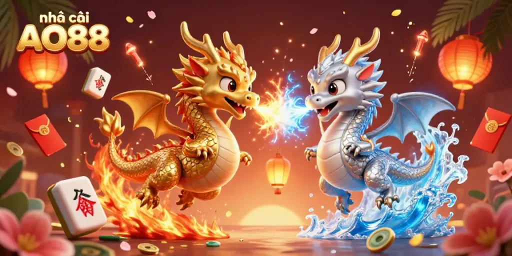 Engage with the thrilling world of nhà cái AO88 featuring dual dragons in a vibrant casino-themed illustration.