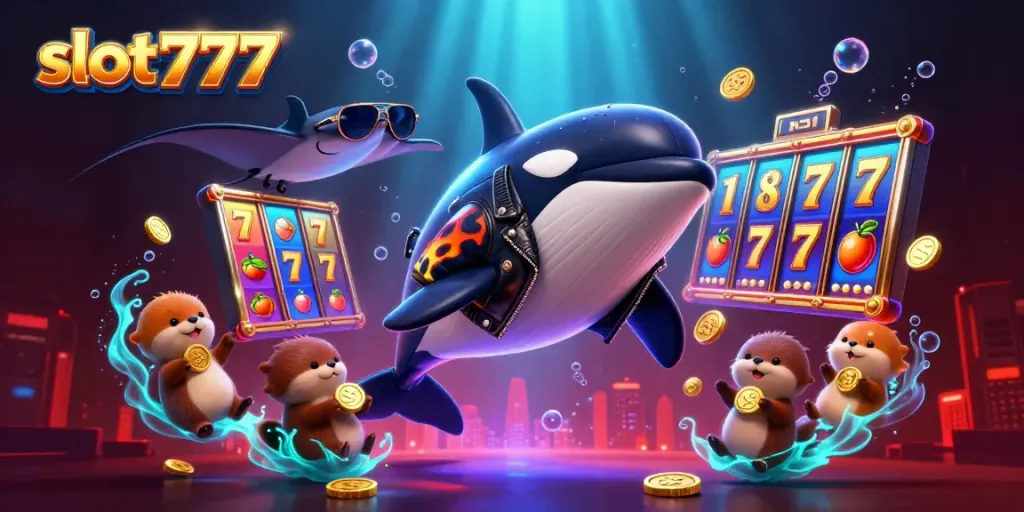 Slot777 menampilkan paus orca, ikan pari, dan berang-berang laut dengan koin emas dalam ilustrasi kasino yang dinamis.