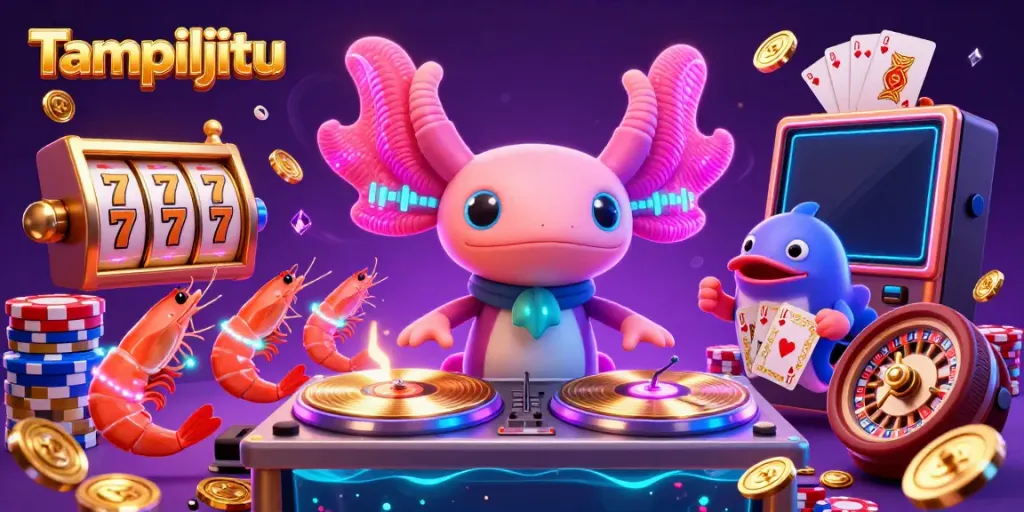 Tampiljitu's vibrant 3D casino scene showcases a neon axolotl DJ with sparkling gems and coins.