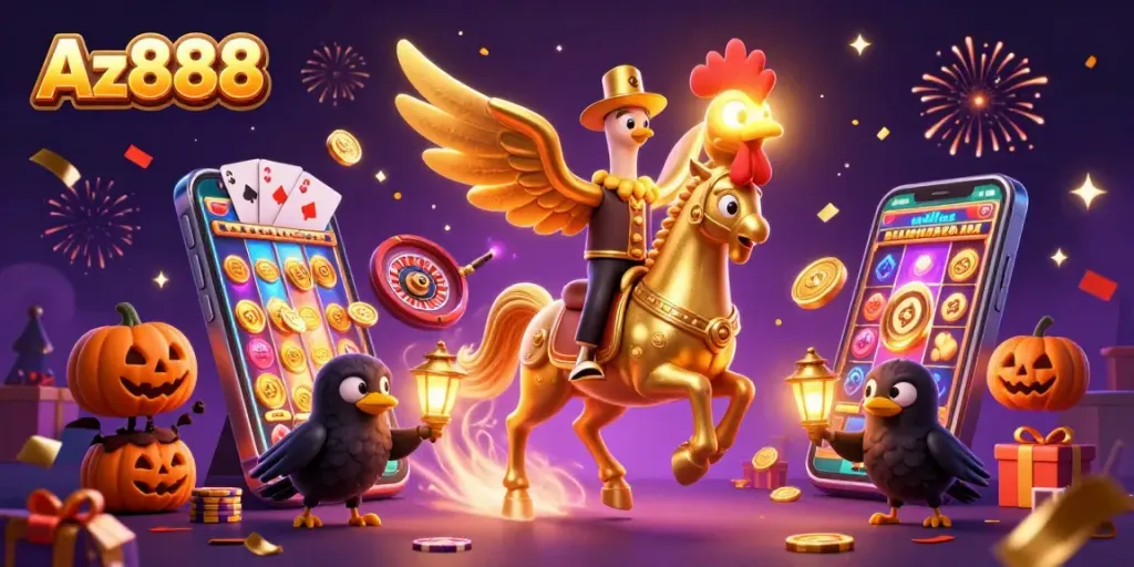 Bet big with Az888 at the vibrant midnight casino featuring golden rooster action.