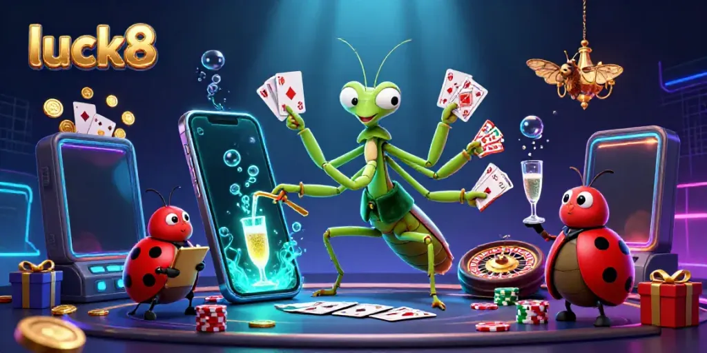 Experience the excitement of luck8 with a vibrant 3D illustration of a giant mantis card sharp and ladybug pit boss in a casino scene.