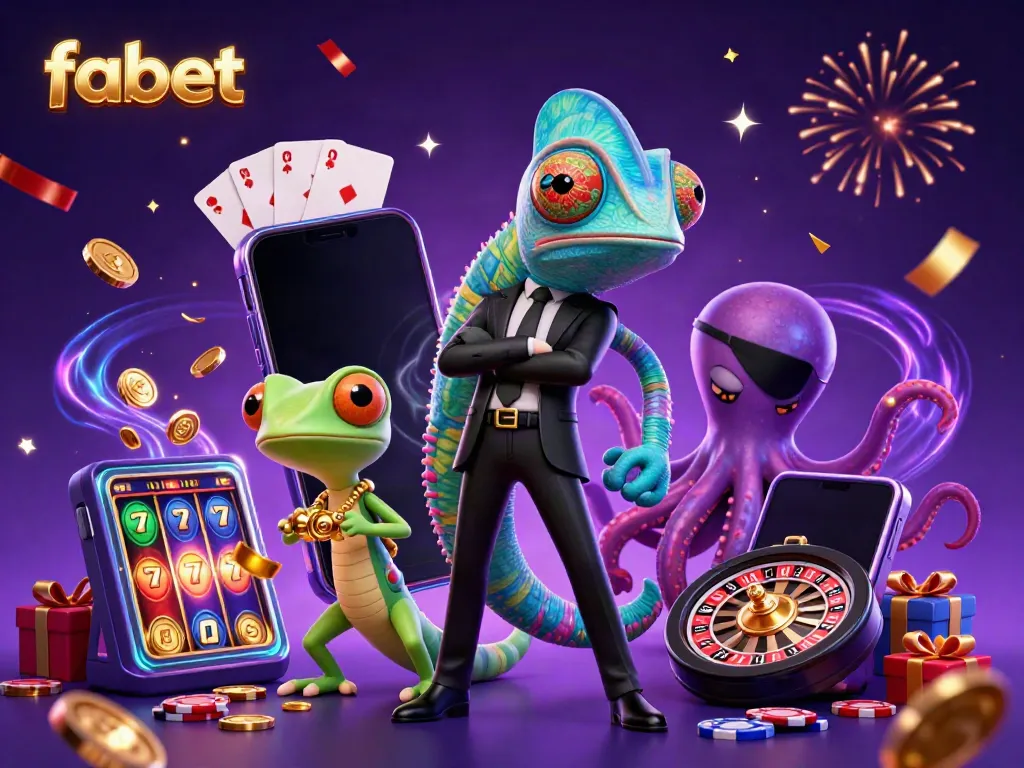 Engage in thrilling gaming adventures with fabet's vibrant 3D illustration showcasing a secret agent chameleon and friends.