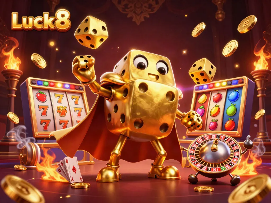 Experience the thrill of Luck8 with our dynamic casino illustration showcasing golden dice and vibrant slot games.