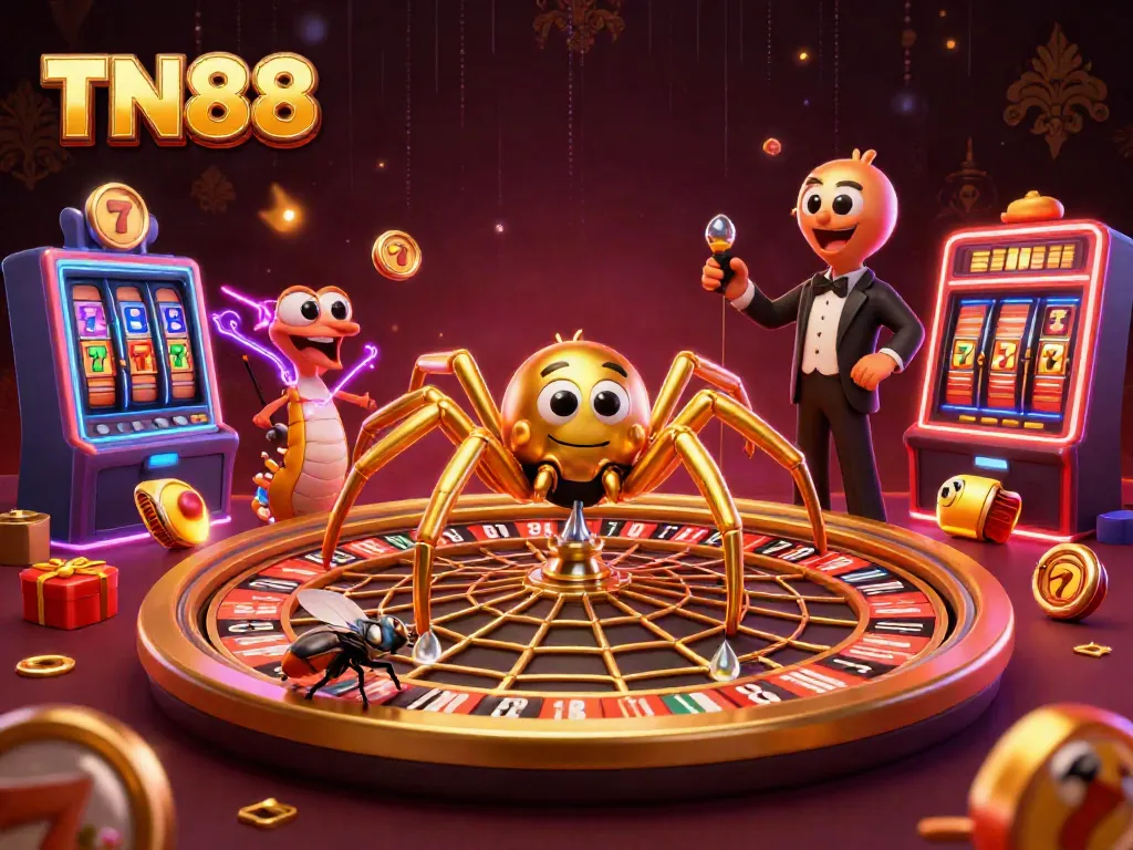 Engage with TN88 in a lively casino scene showcasing a golden spider and croupier.