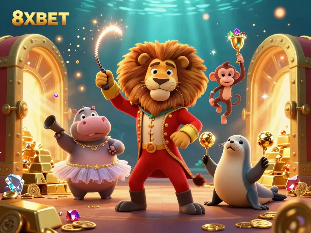 Experience thrilling gameplay with 8XBET featuring a colorful circus-themed illustration packed with riches.