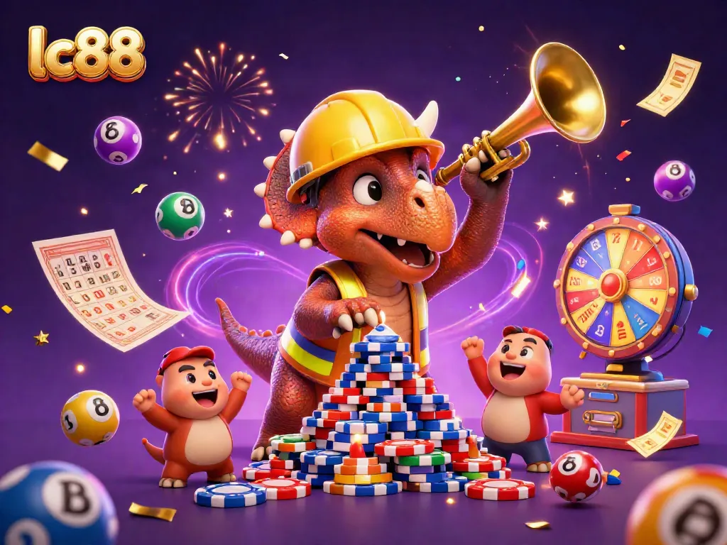 Celebrate lc88 with a dynamic 3D casino scene full of games, excitement, and colorful elements.