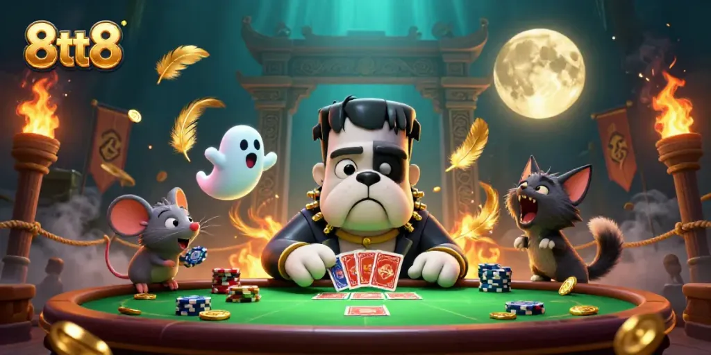 Engage in thrilling gambling with 8tt8, featuring vibrant characters and casino elements.