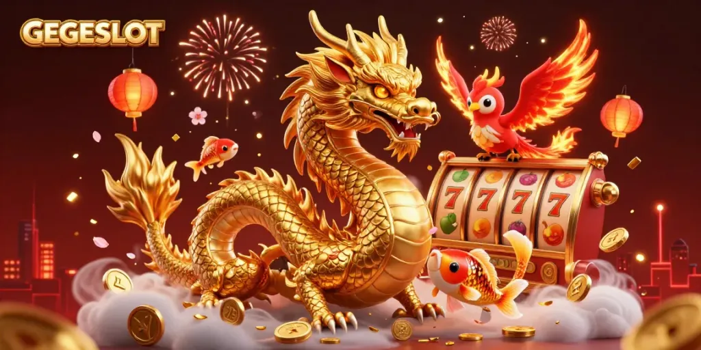 Experience GEGESLOT's vibrant gameplay with golden dragons and festive slot machines showered in coins.