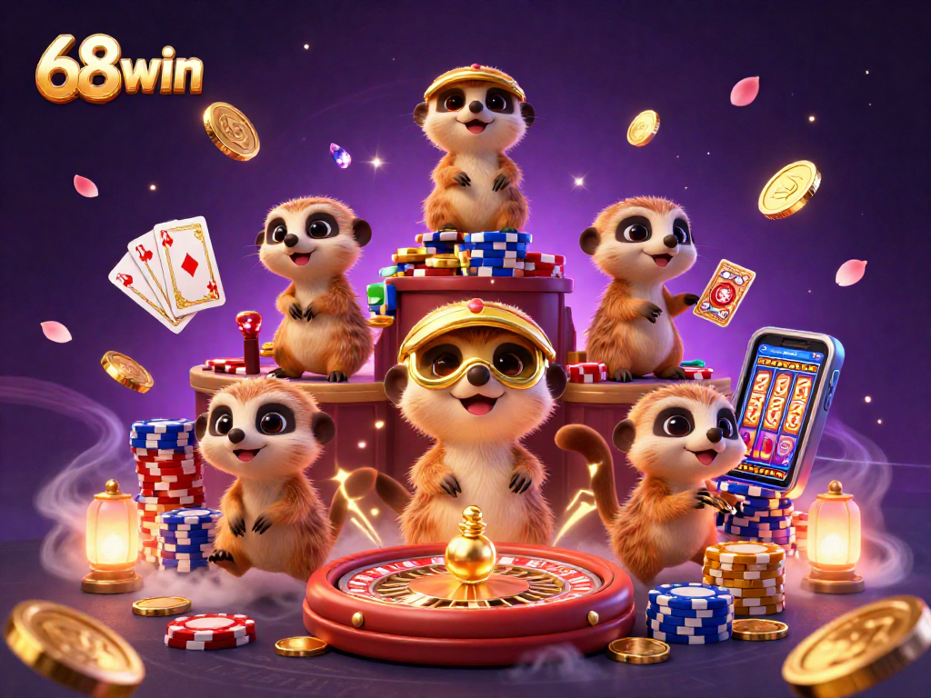 Experience excitement at 68win with meerkat characters surrounded by dynamic casino elements.