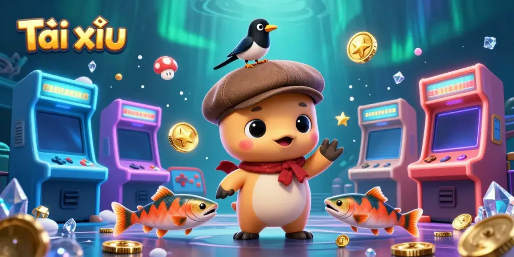 Experience Tài xỉu excitement with cartoon characters immersed in a colorful casino setting.