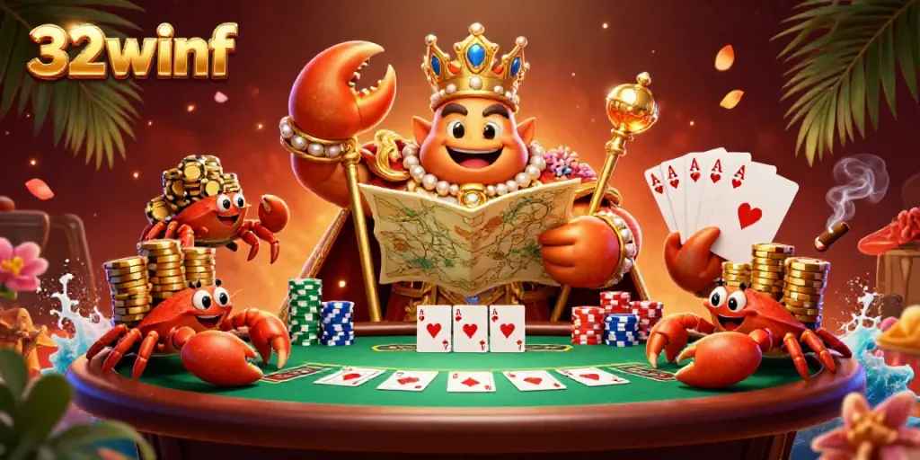 Engage in gameplay with the 32winf illustrated scene featuring a crab emperor and poker elements.