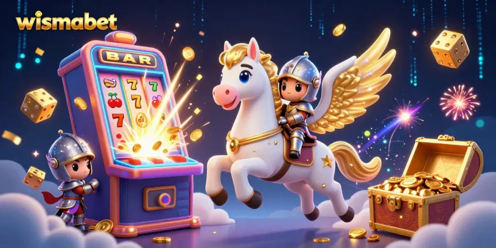 Bermain slot jackpot di wismabet dengan kuda putih bersayap dan pahlawan berkuda, penuh koin dan simbol keberuntungan.