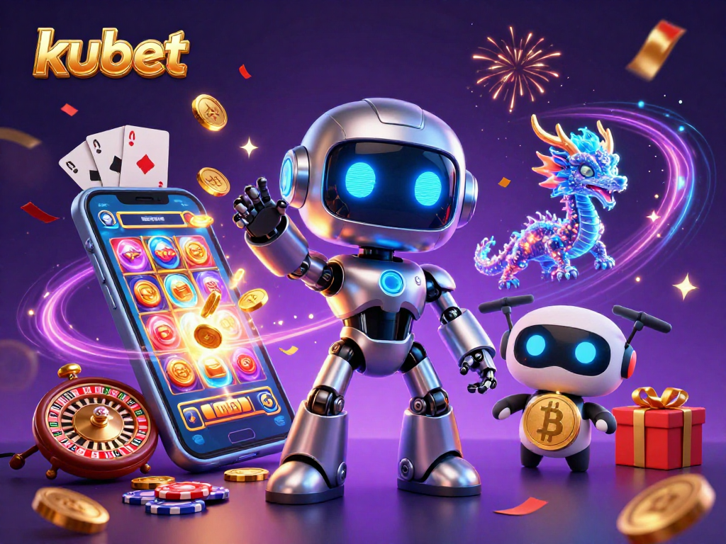 Join the fun at kubet with a dynamic 3D illustration of a cyberpunk robot and gaming elements!