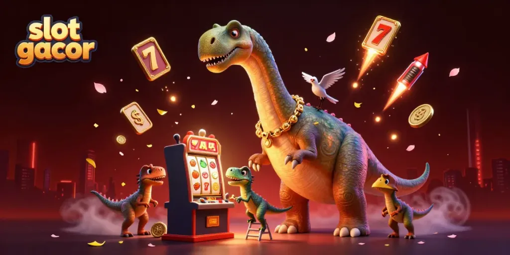 Menang dalam permainan slot gacor dengan ilustrasi brontosaurus raksasa di kasino.