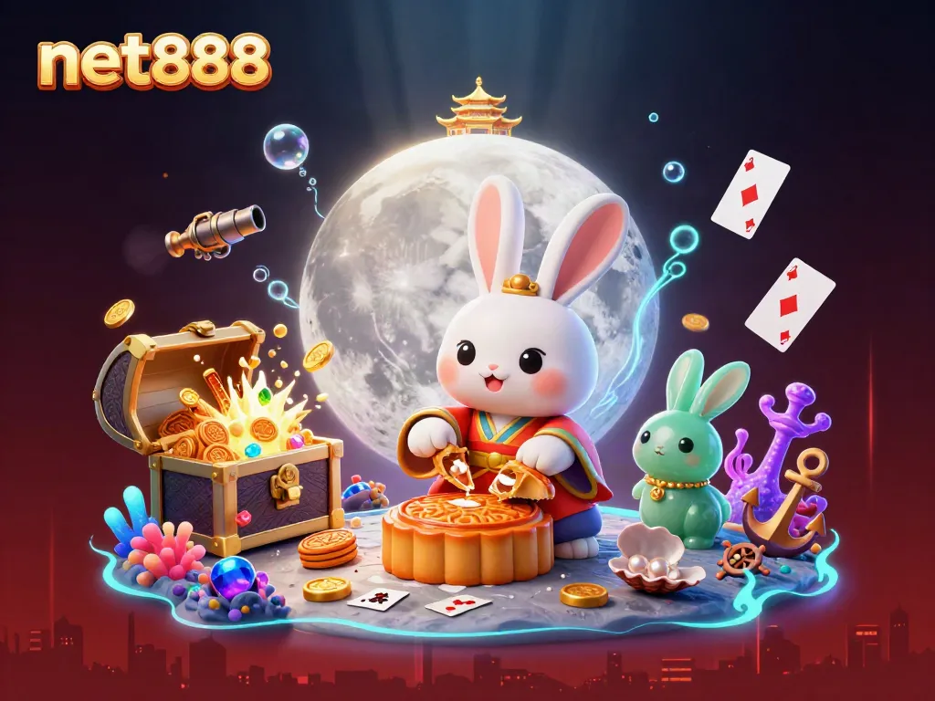 Experience the thrill of net888 with a lively illustration of a moon rabbit in a casino-themed adventure.