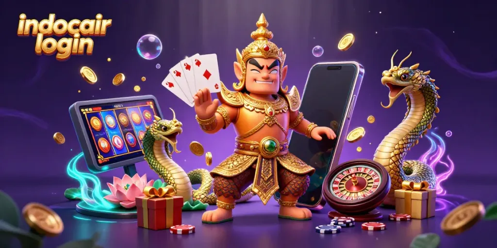Ilustrasi 3D penuh warna menampilkan karakter penjaga kuil Thailand bersenjata emas, berfokus pada pengalaman bermain 'indocair login' dengan slot dan kartu.