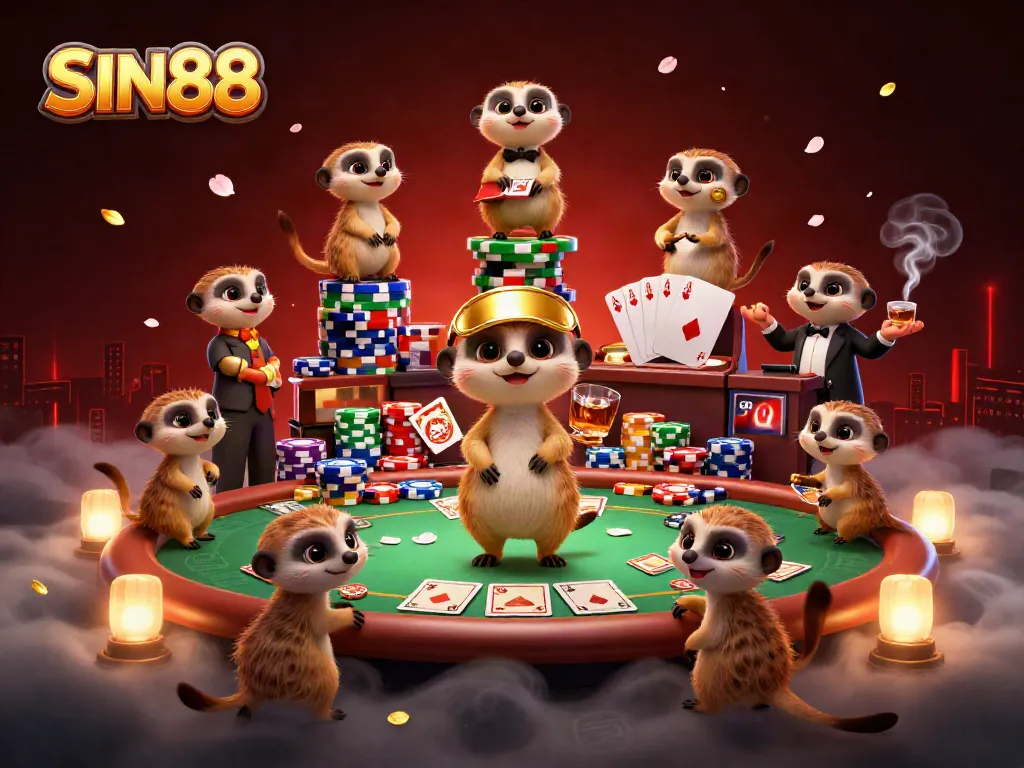 SIN88's 3D meerkat casino scene, showcasing vibrant gaming dynamics with chips and cards.