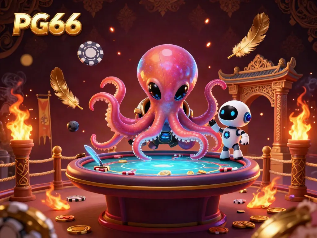 Join the excitement of PG66 with an alien octopus at a vibrant holographic poker table.
