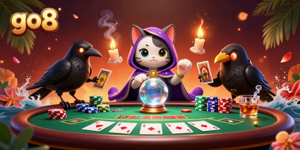 Experience thrilling gaming action at go8 with a mystical cat, raven, and poker elements.