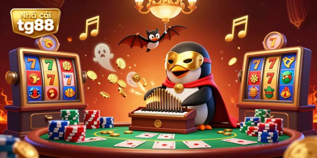 Experience the thrill of Nhà cái tg88 with a vibrant 3D casino scene showcasing a penguin playing music amidst poker chips and slot reels.