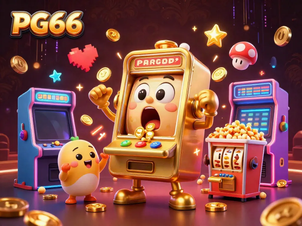 Experience the excitement of PG66 with a golden slot machine celebrating its jackpot as smaller machines cheer.